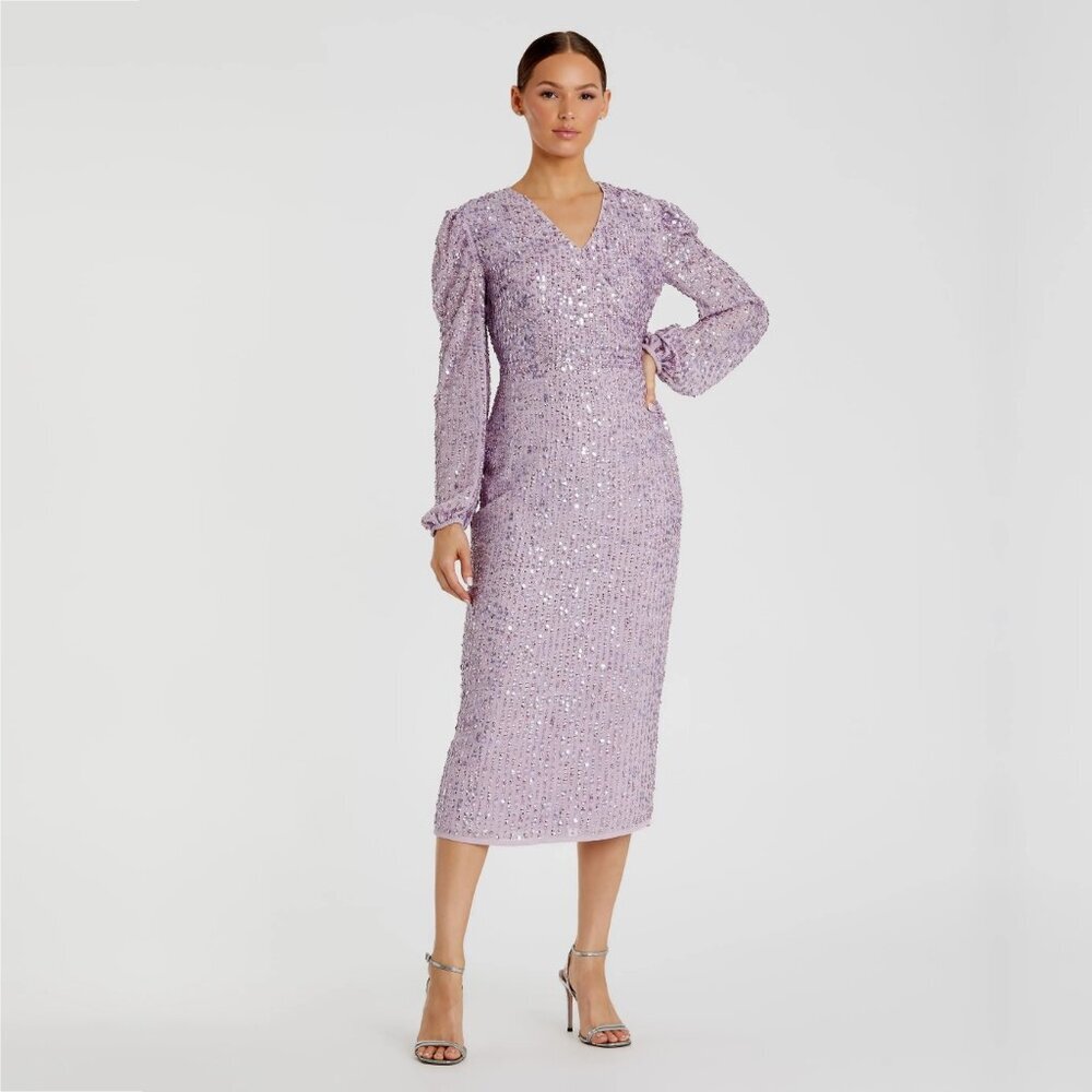 NWT Mac Duggal Purple Sequined Illusion Puff Sleeve V Neck Midi Lavender 10